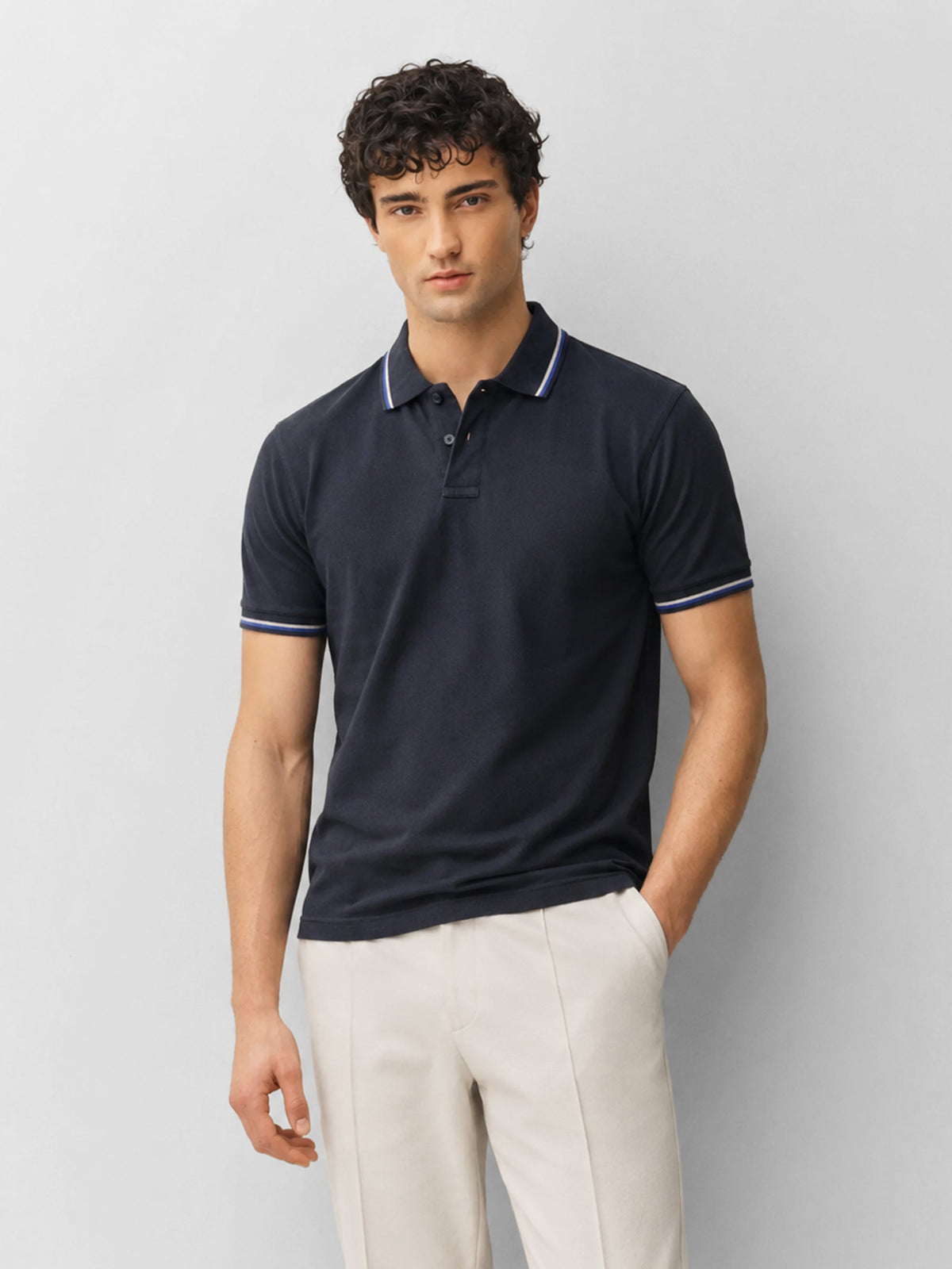 Navy Blue Multicolor Tipped Collar Pique Polo
