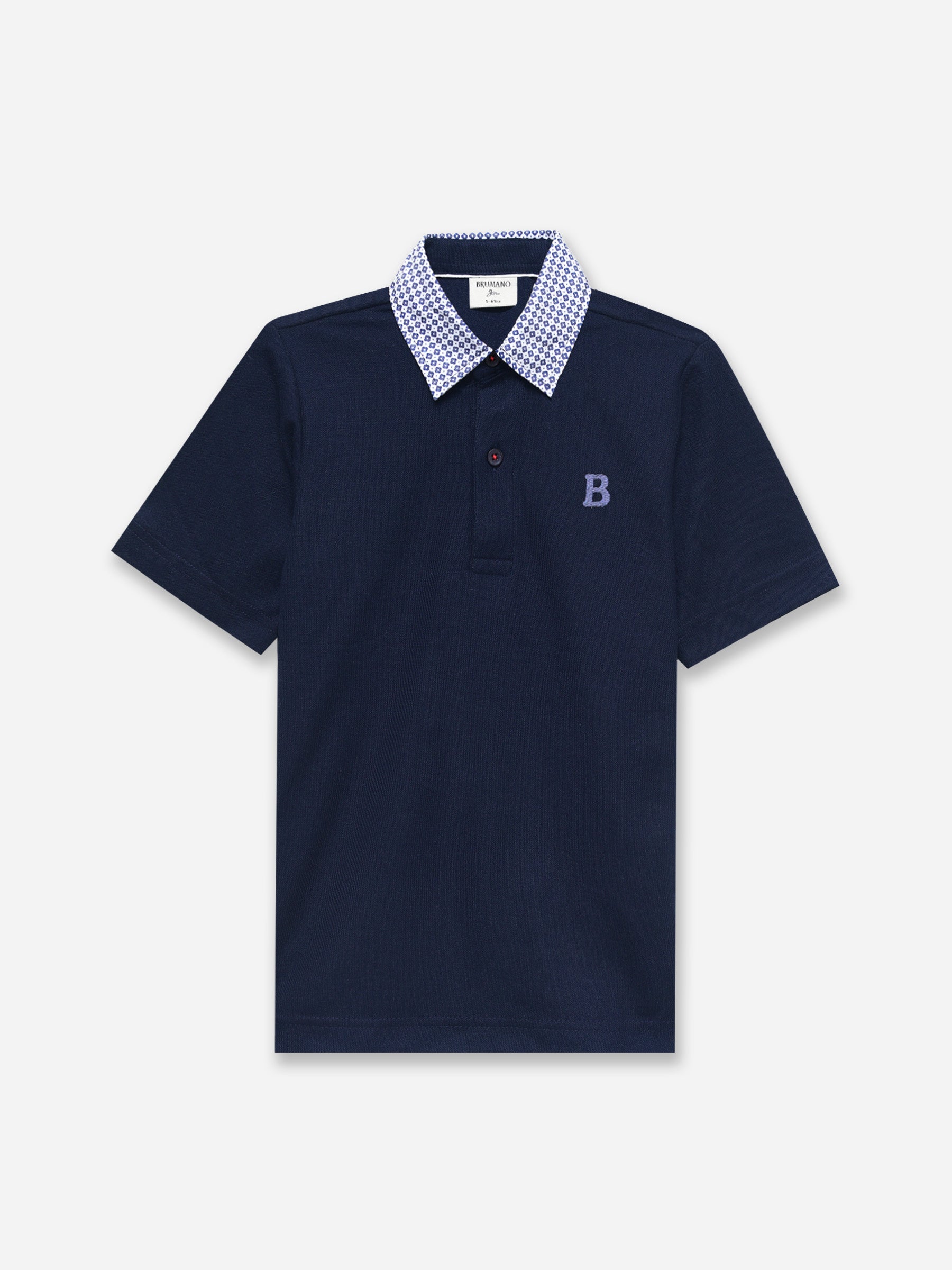 Navy Blue Pique Polo With Contrasting Printed Collar - Junior