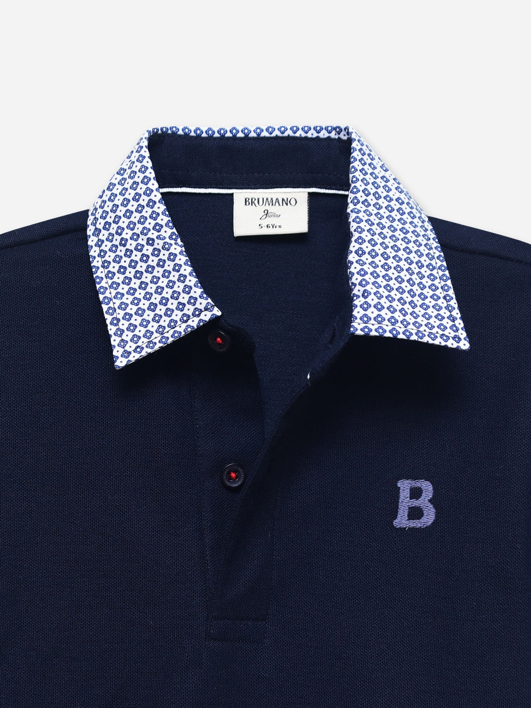 Navy Blue Pique Polo With Contrasting Printed Collar - Junior