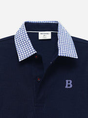Navy Blue Pique Polo With Contrasting Printed Collar - Junior