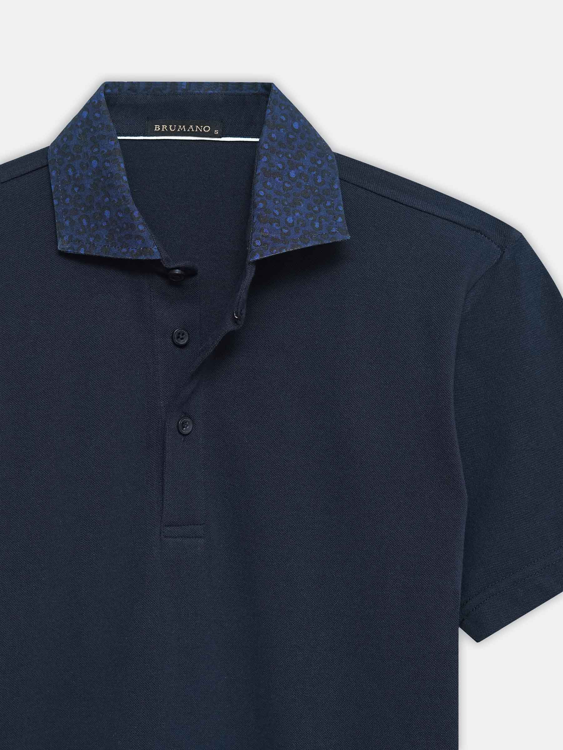 Navy Blue Pique Polo With Printed Cutaway Collar