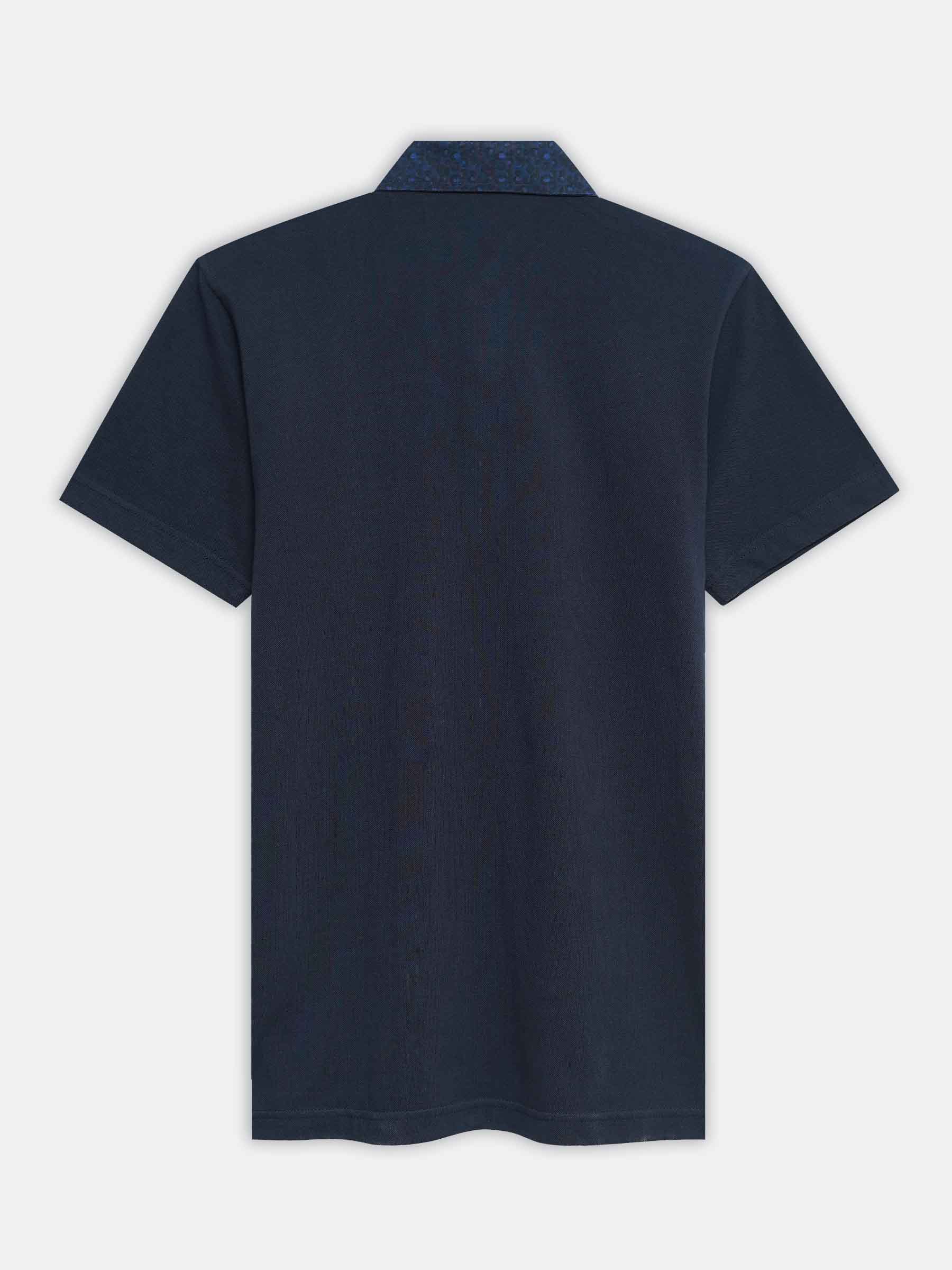 Navy Blue Pique Polo With Printed Cutaway Collar