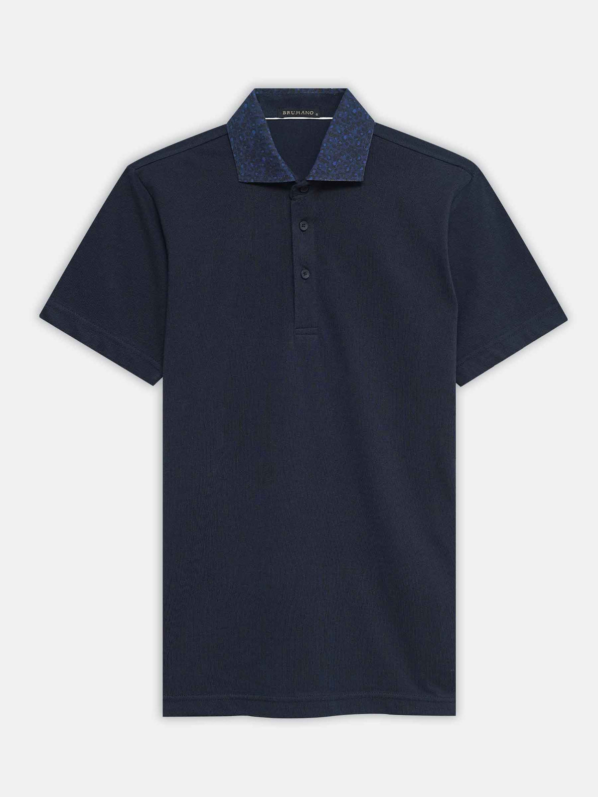 Navy Blue Pique Polo With Printed Cutaway Collar