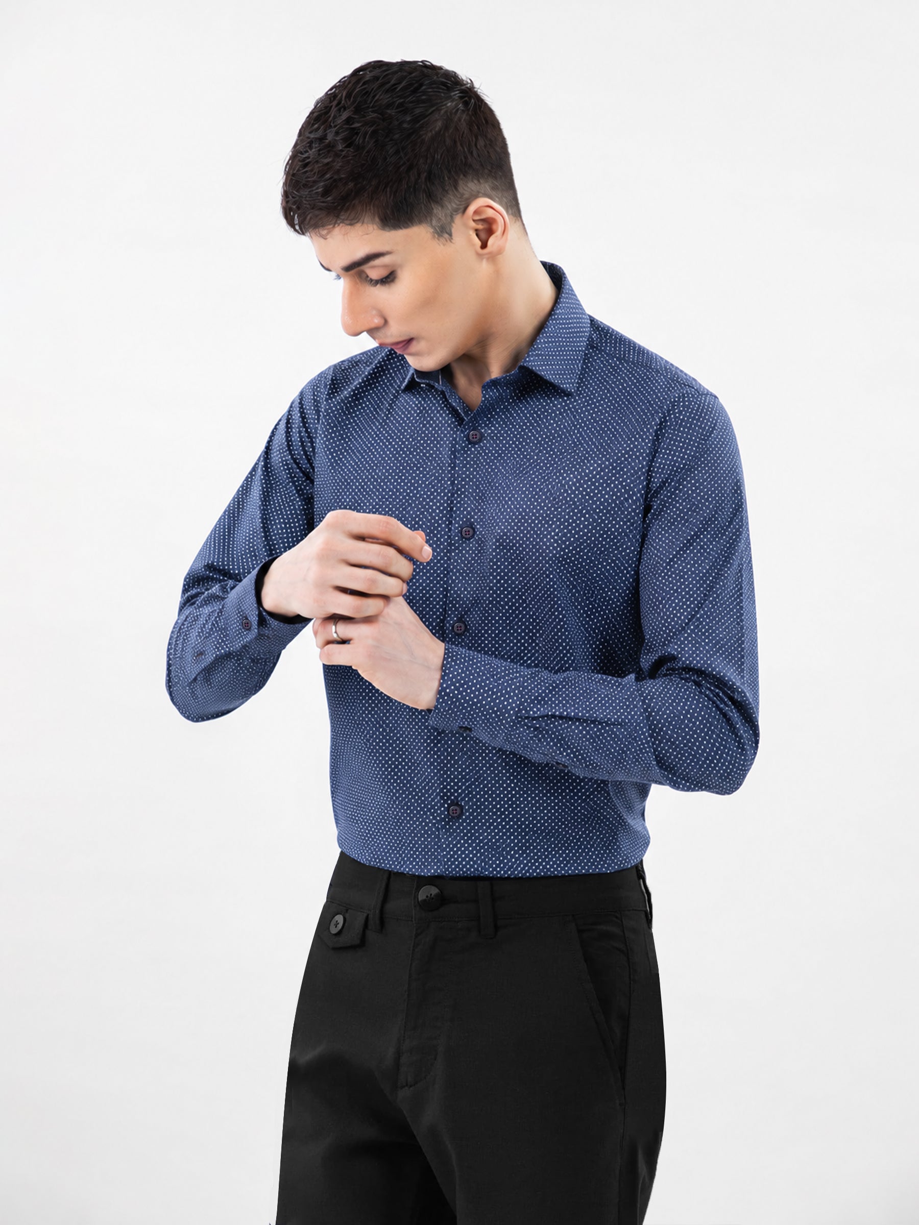 Navy Blue Polka Dot Printed Shirt
