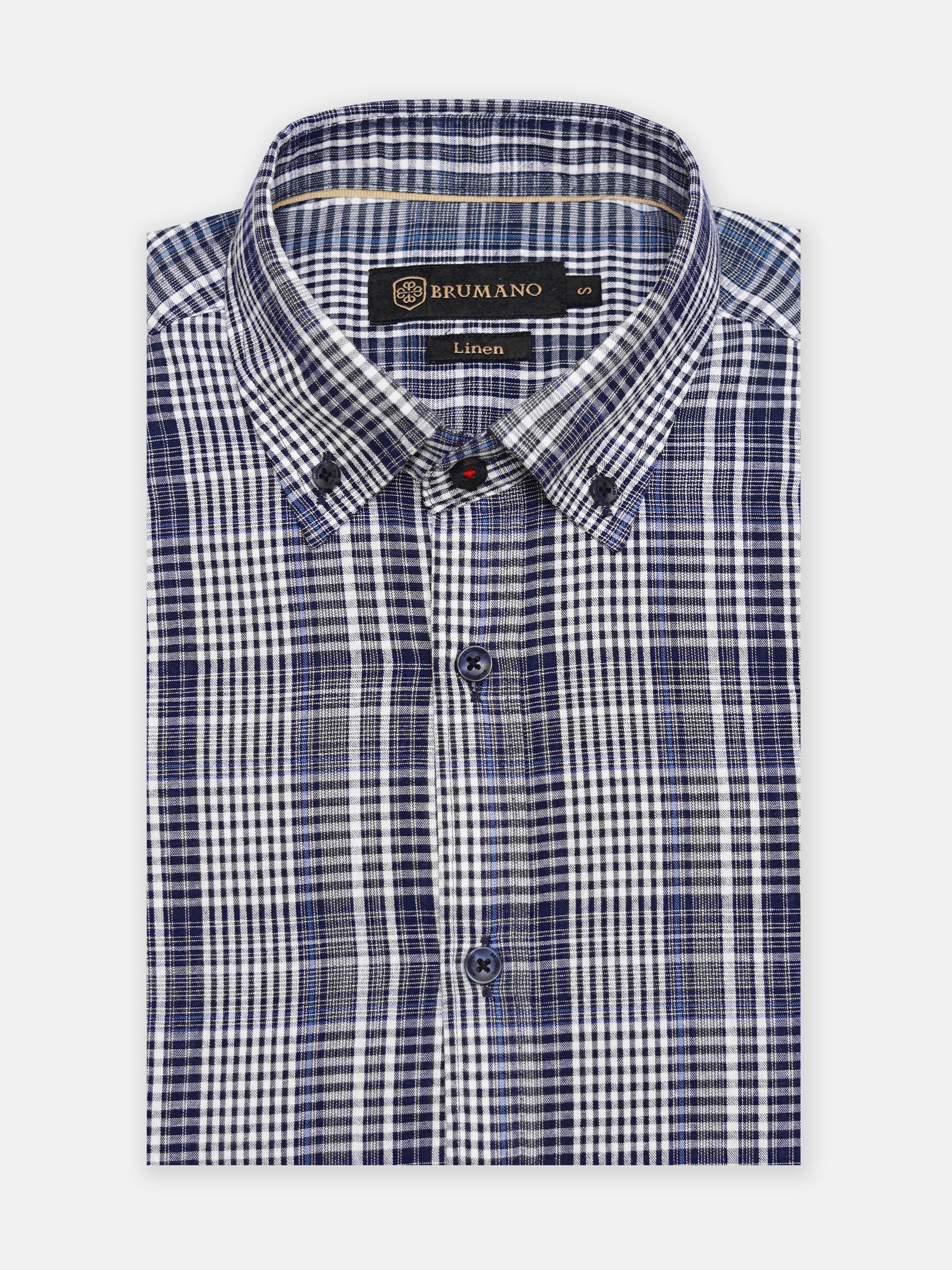 Navy Blue & White Linen Blended Checkered Shirt