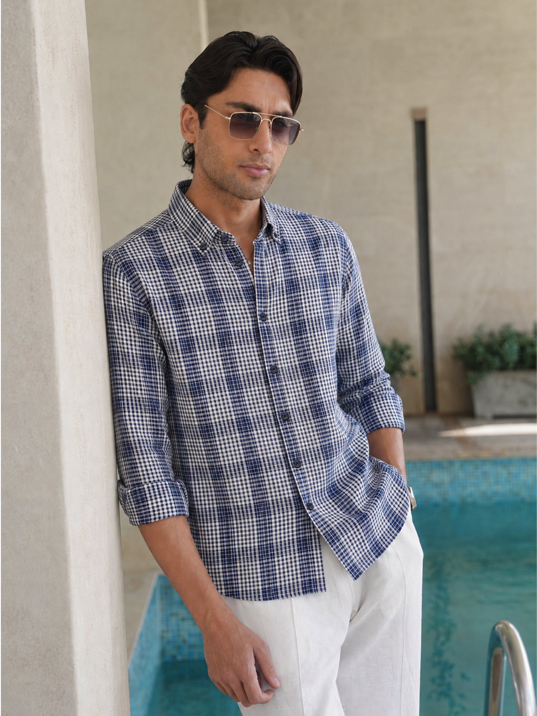 Navy Blue & White Linen Blended Checkered Shirt