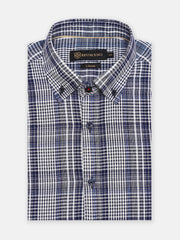 Navy Blue & White Linen Blended Checkered Shirt