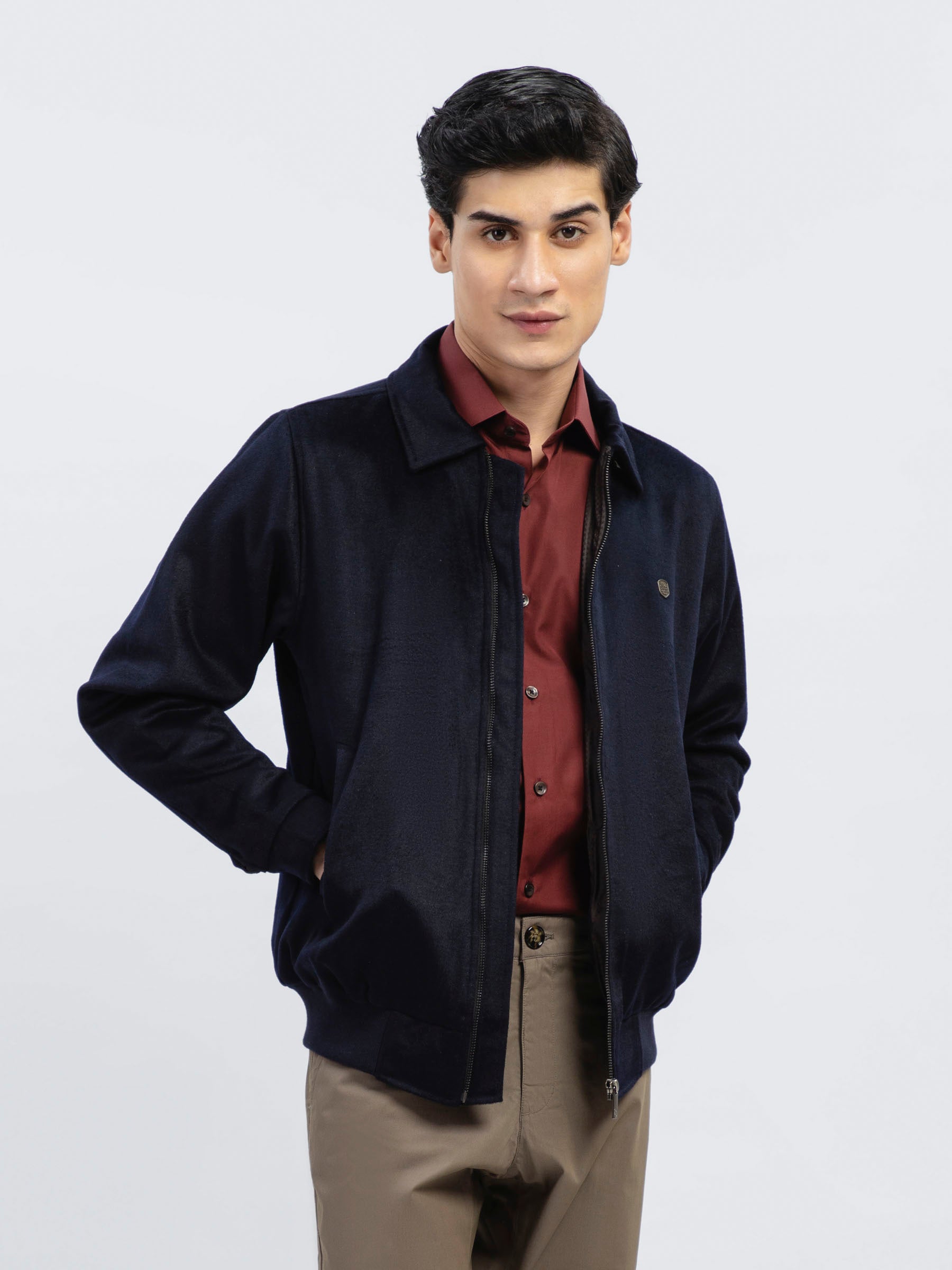 Navy Blue 100% Wool Classic Collar Jacket