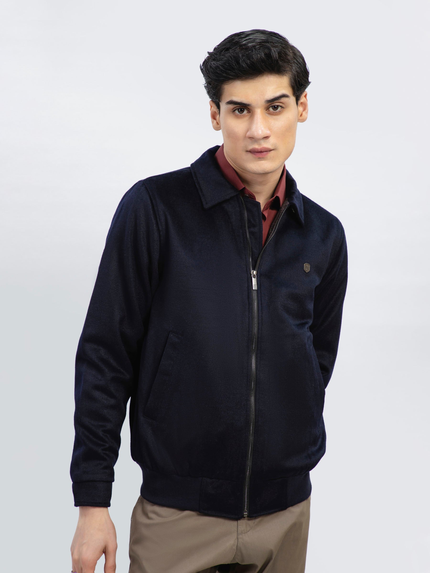 Navy Blue 100% Wool Classic Collar Jacket