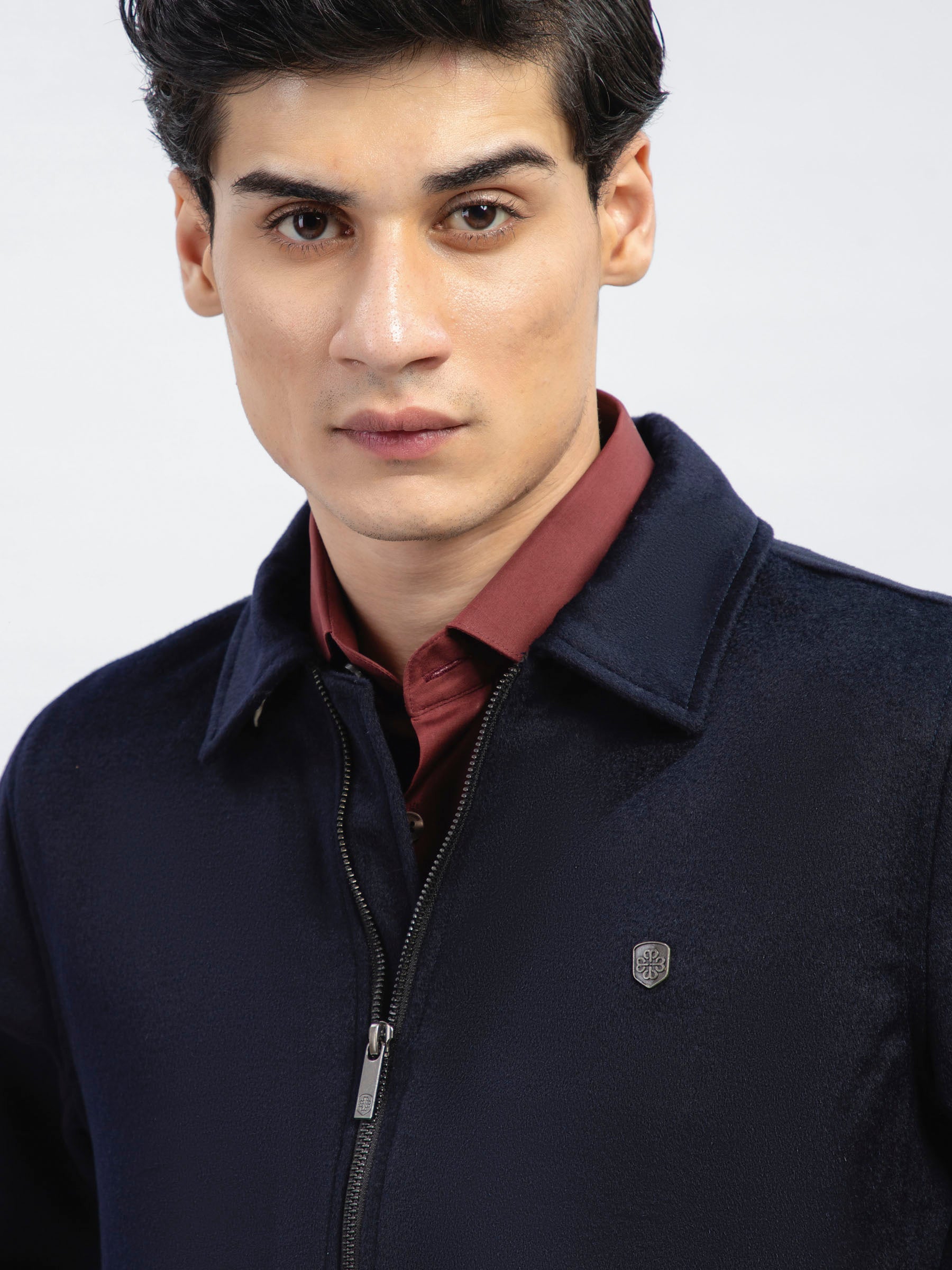 Navy Blue 100% Wool Classic Collar Jacket