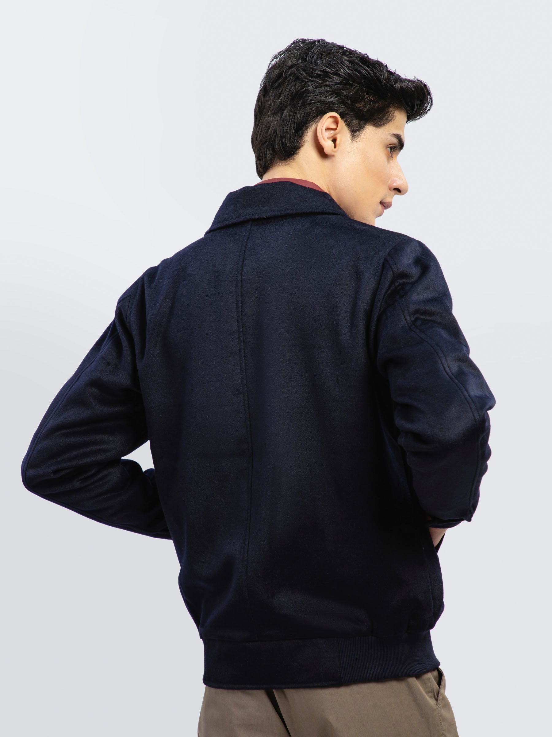 Navy Blue 100% Wool Classic Collar Jacket