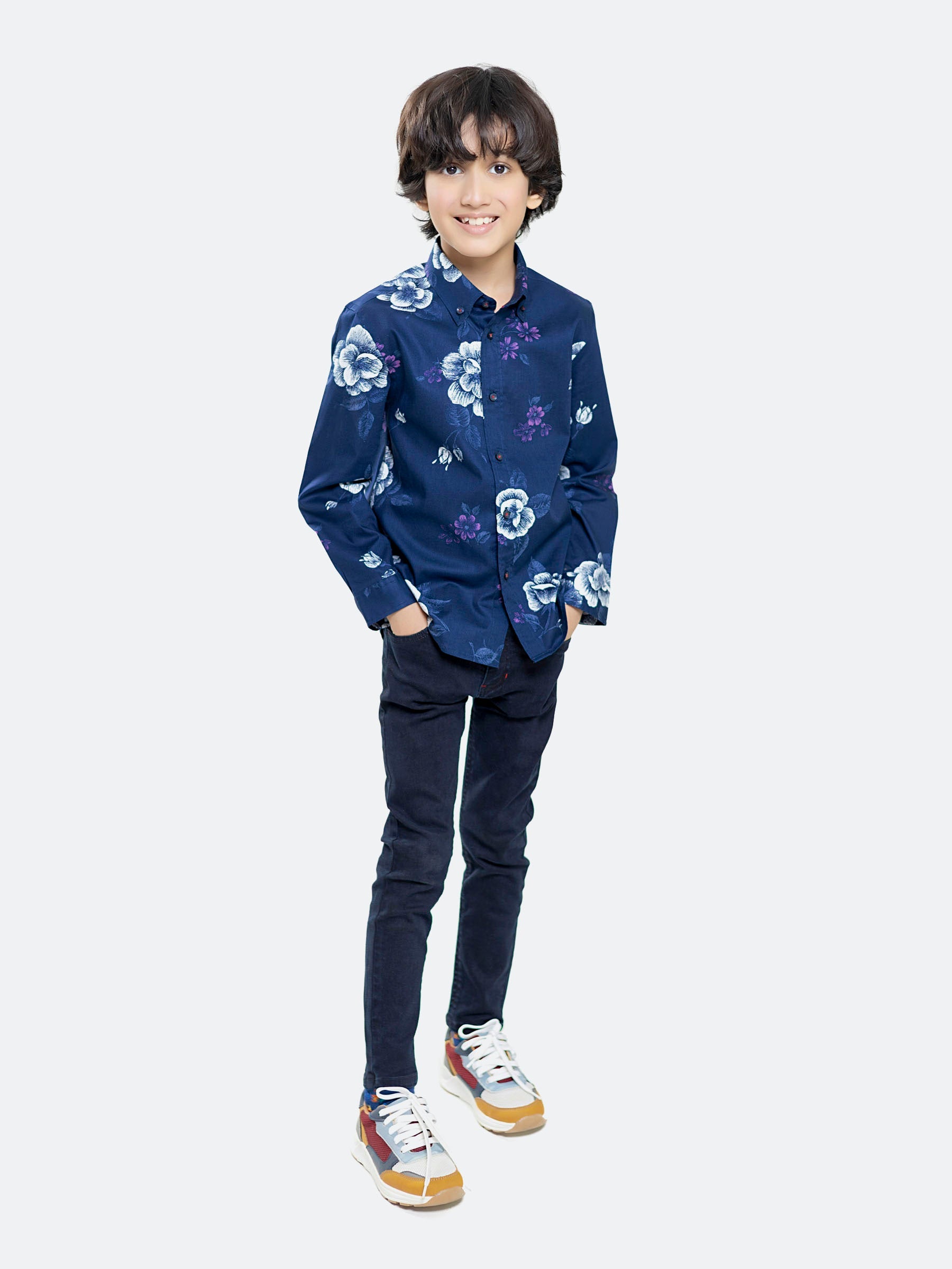 Navy Blue Bold Printed Sleeve Casual Shirt