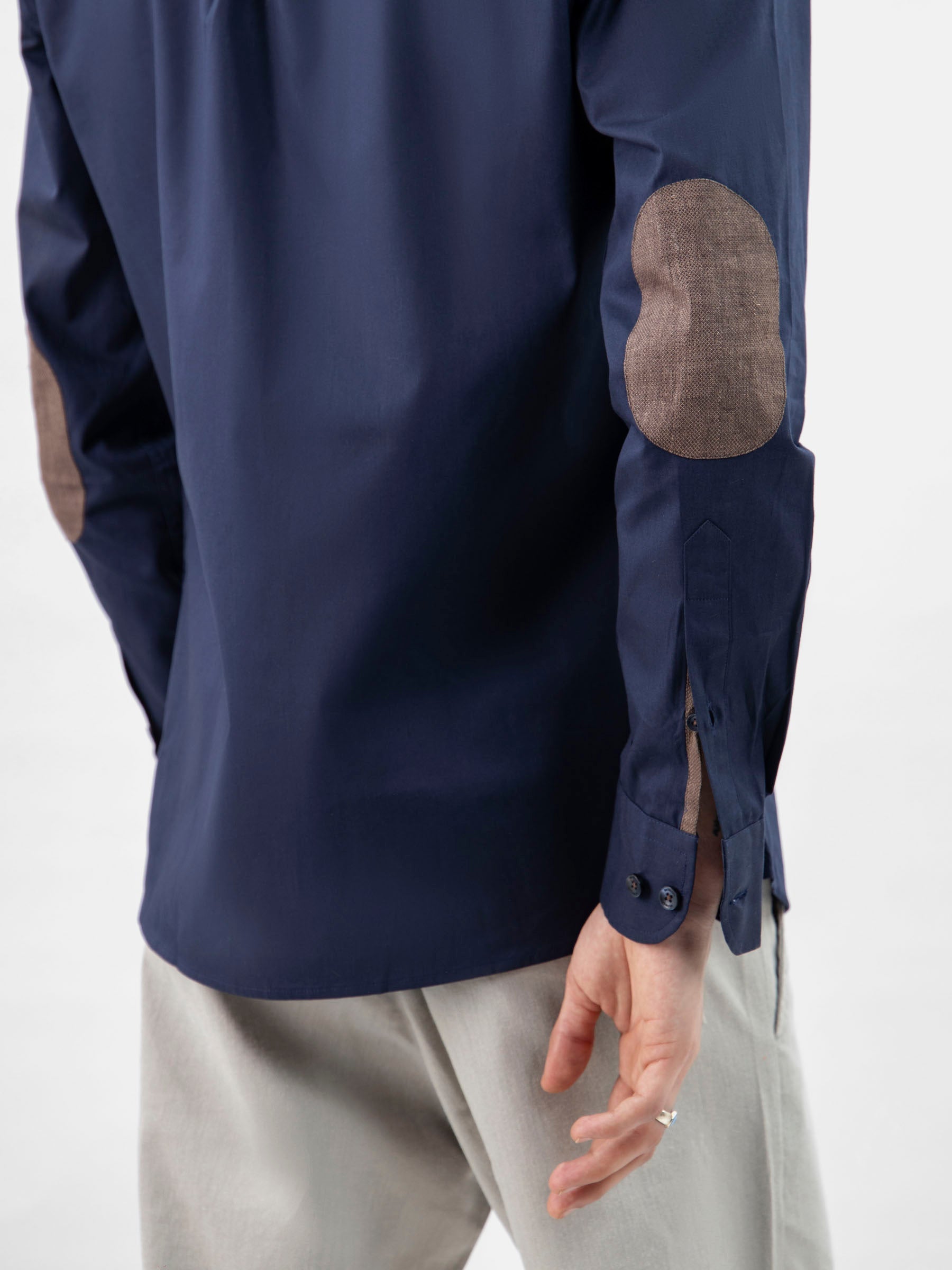 Navy Blue Button Down Shirt With Brown Elbow Patch