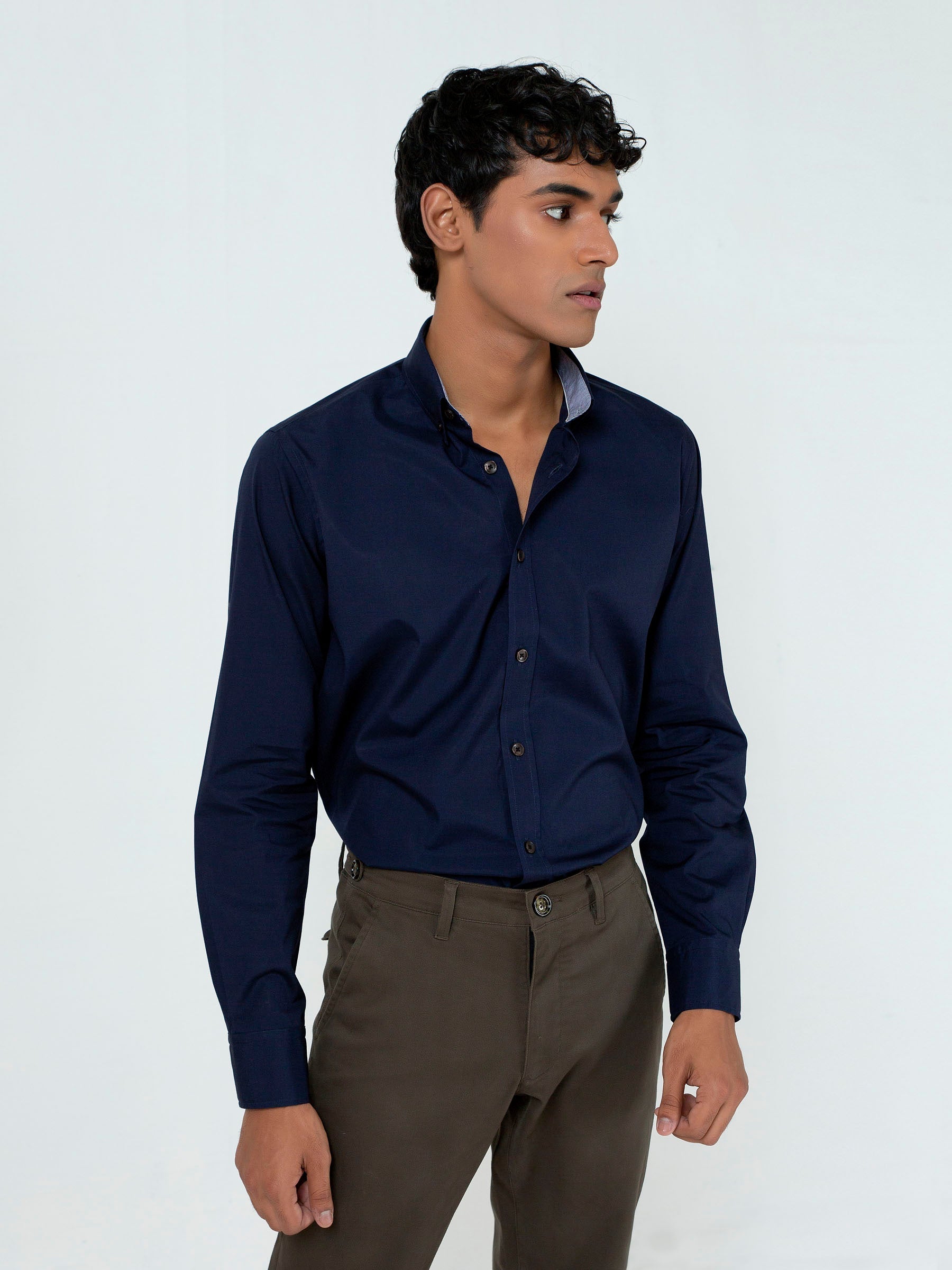 Navy Blue Button Down Shirt With Elbow Patch