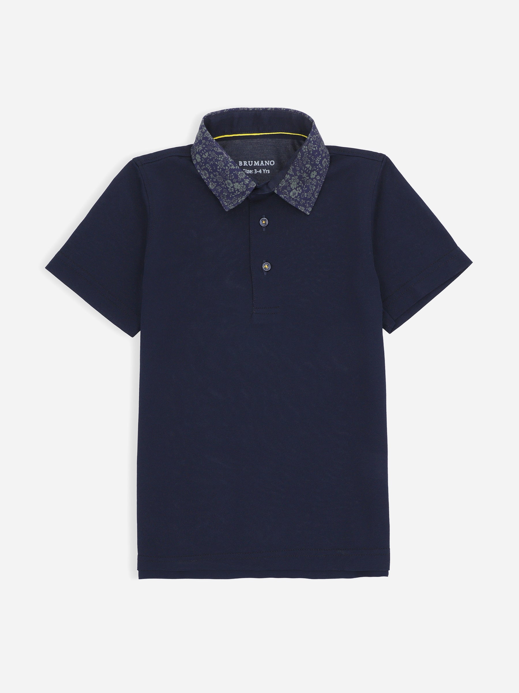 Navy Blue Casual Polo Shirt With Printed Floral Collar