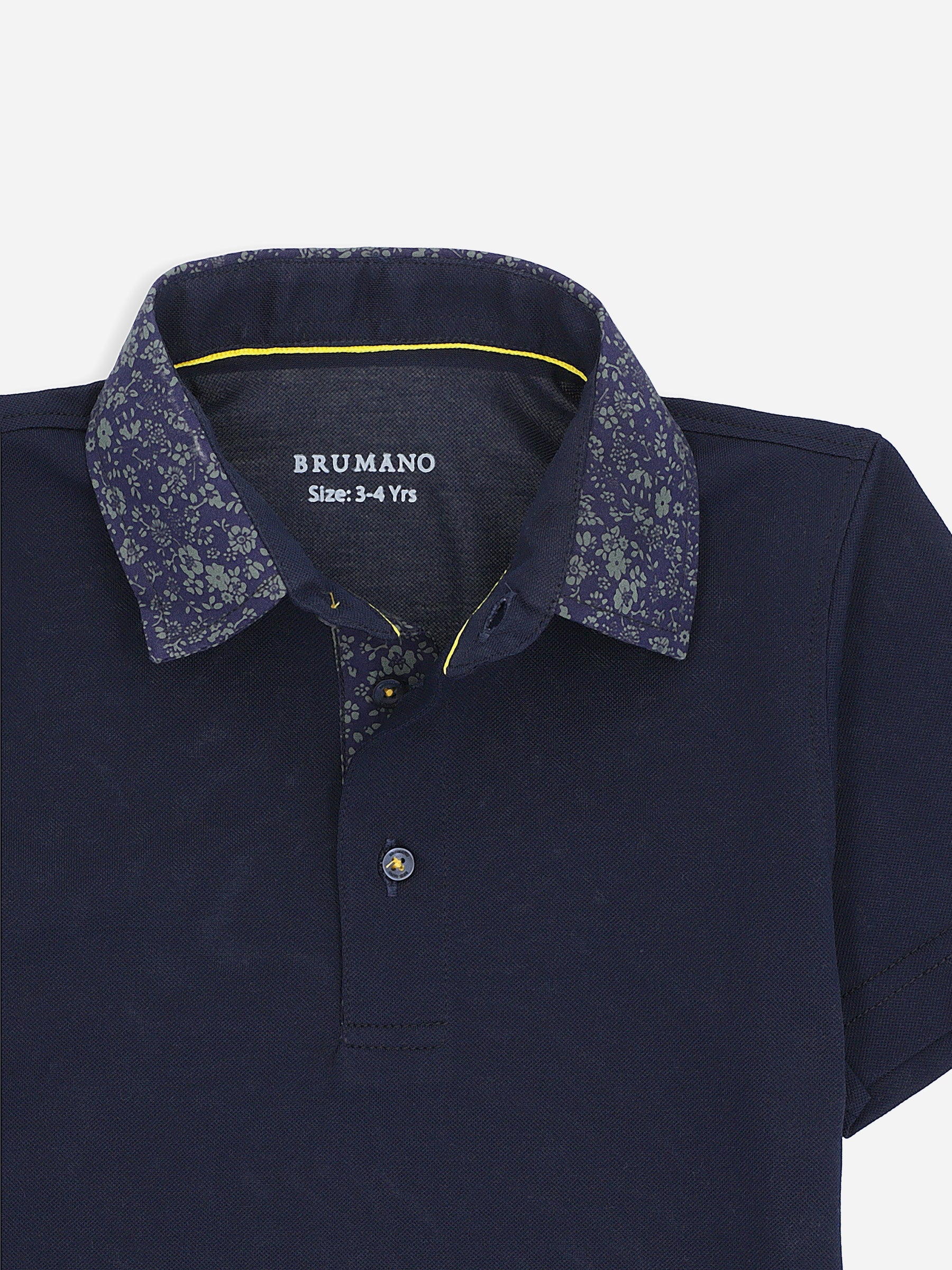 Navy Blue Casual Polo Shirt With Printed Floral Collar