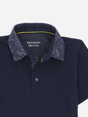 Navy Blue Casual Polo Shirt With Printed Floral Collar