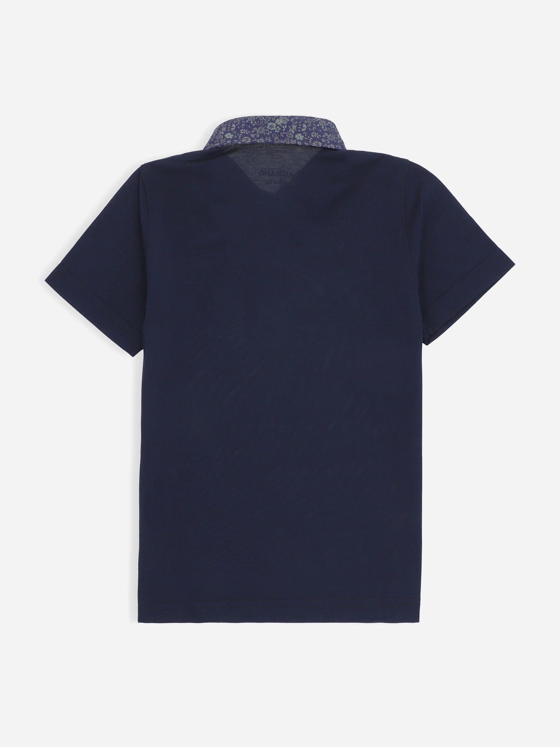 Navy Blue Casual Polo Shirt With Printed Floral Collar