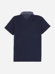 Navy Blue Casual Polo Shirt With Printed Floral Collar