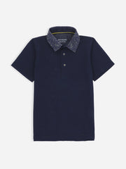 Navy Blue Casual Polo Shirt With Printed Floral Collar