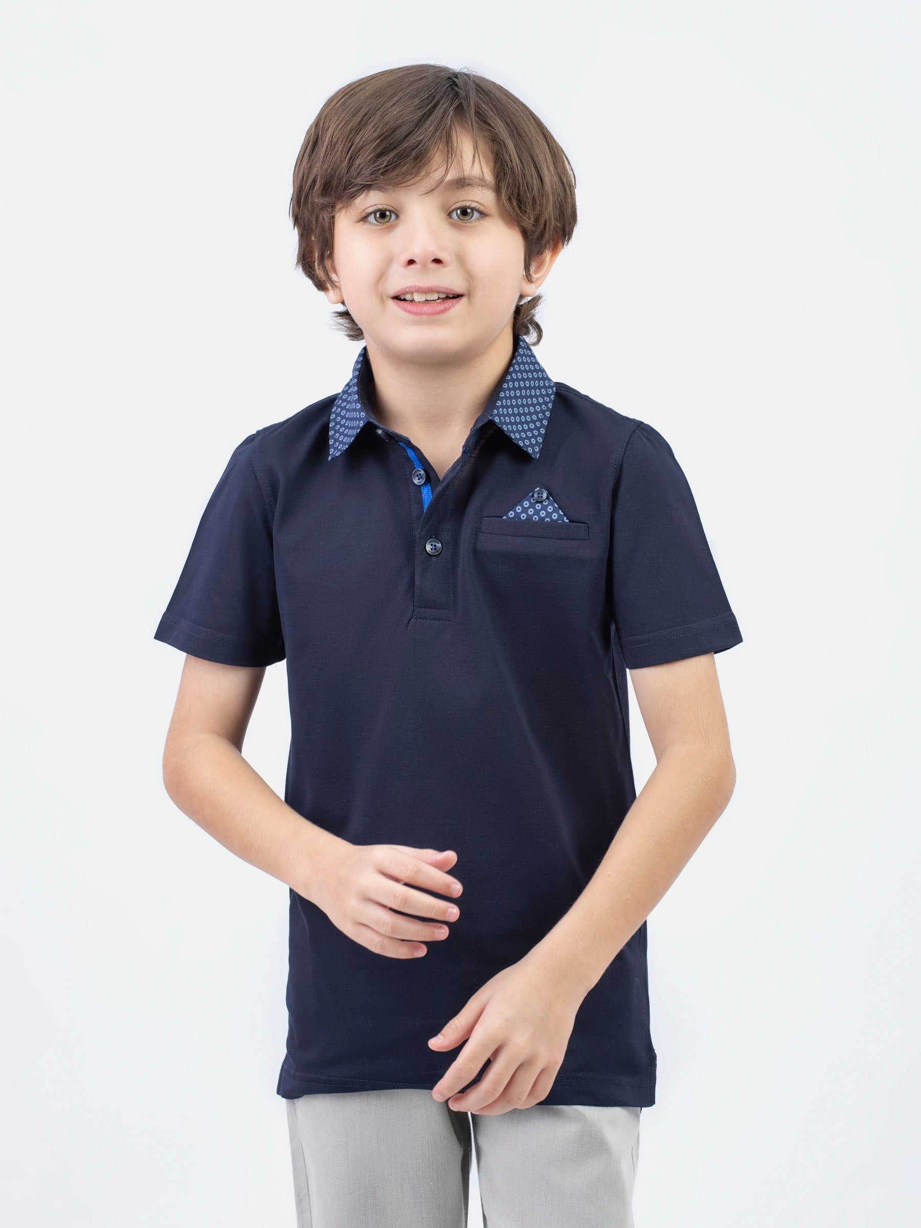 Navy Blue Casual Polo With Printed Collar