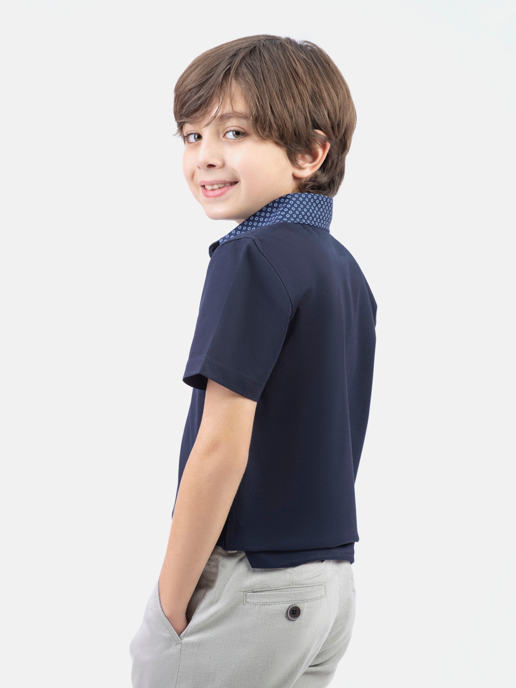 Navy Blue Casual Polo With Printed Collar