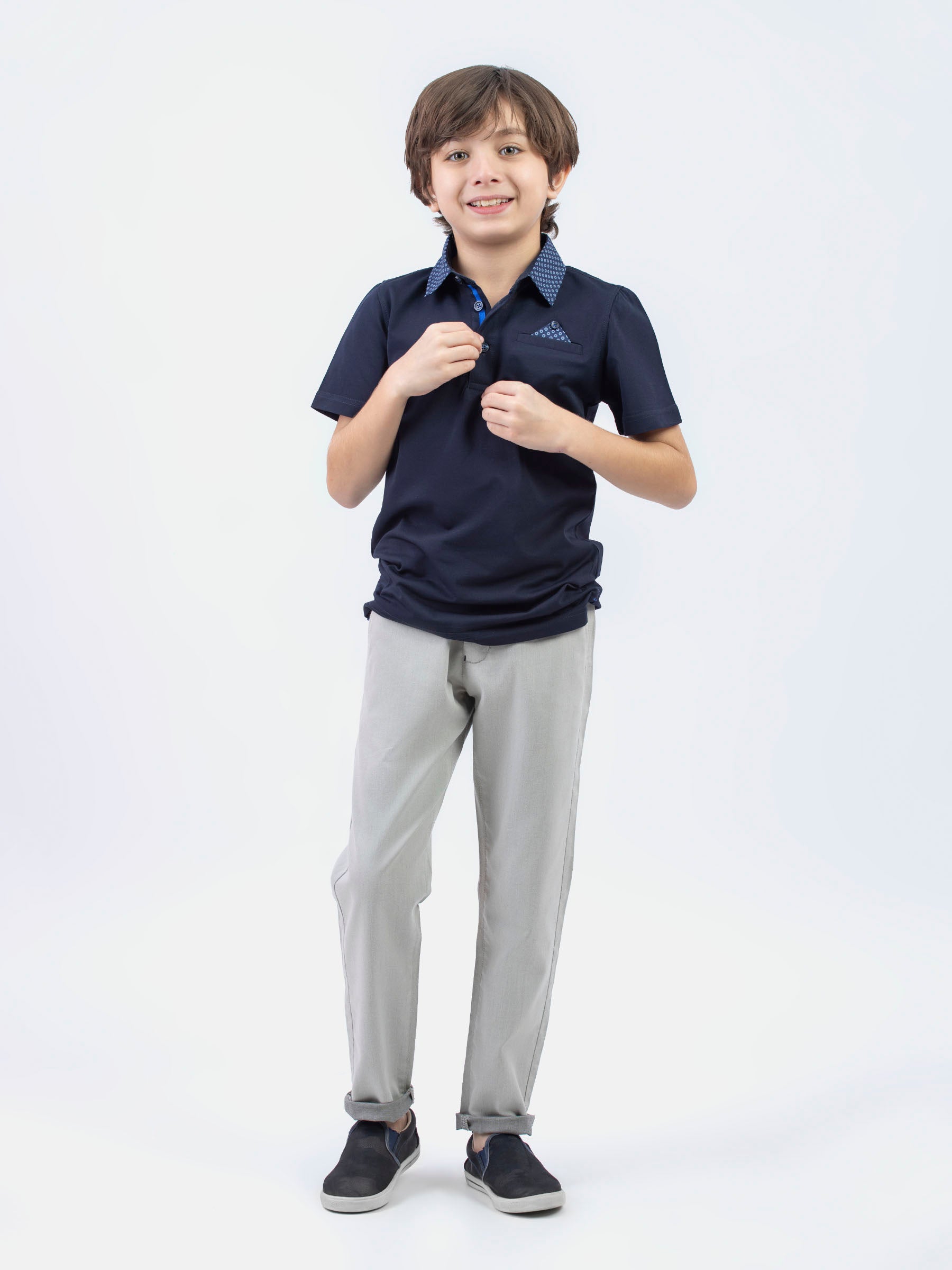 Navy Blue Casual Polo With Printed Collar
