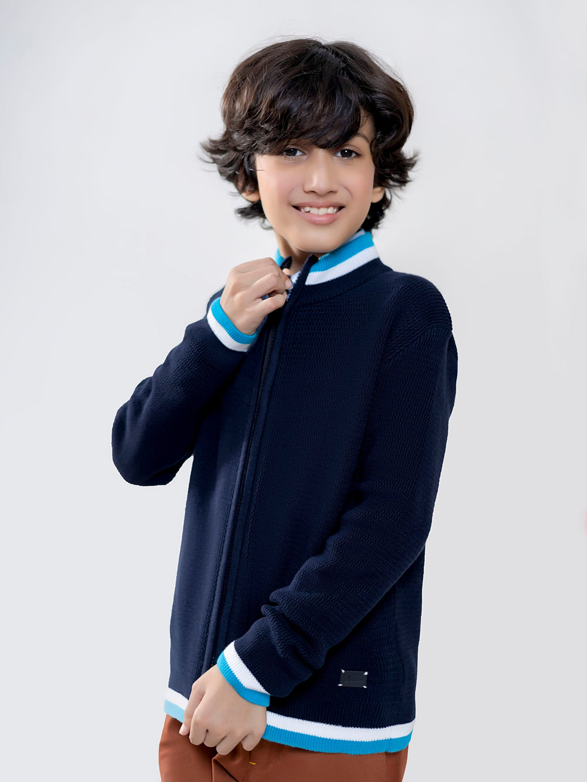 Navy Blue Casual Zipper With Contrasting Rib