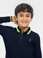 Navy Blue Contrasting Tipped Long Sleeve Pique Polo