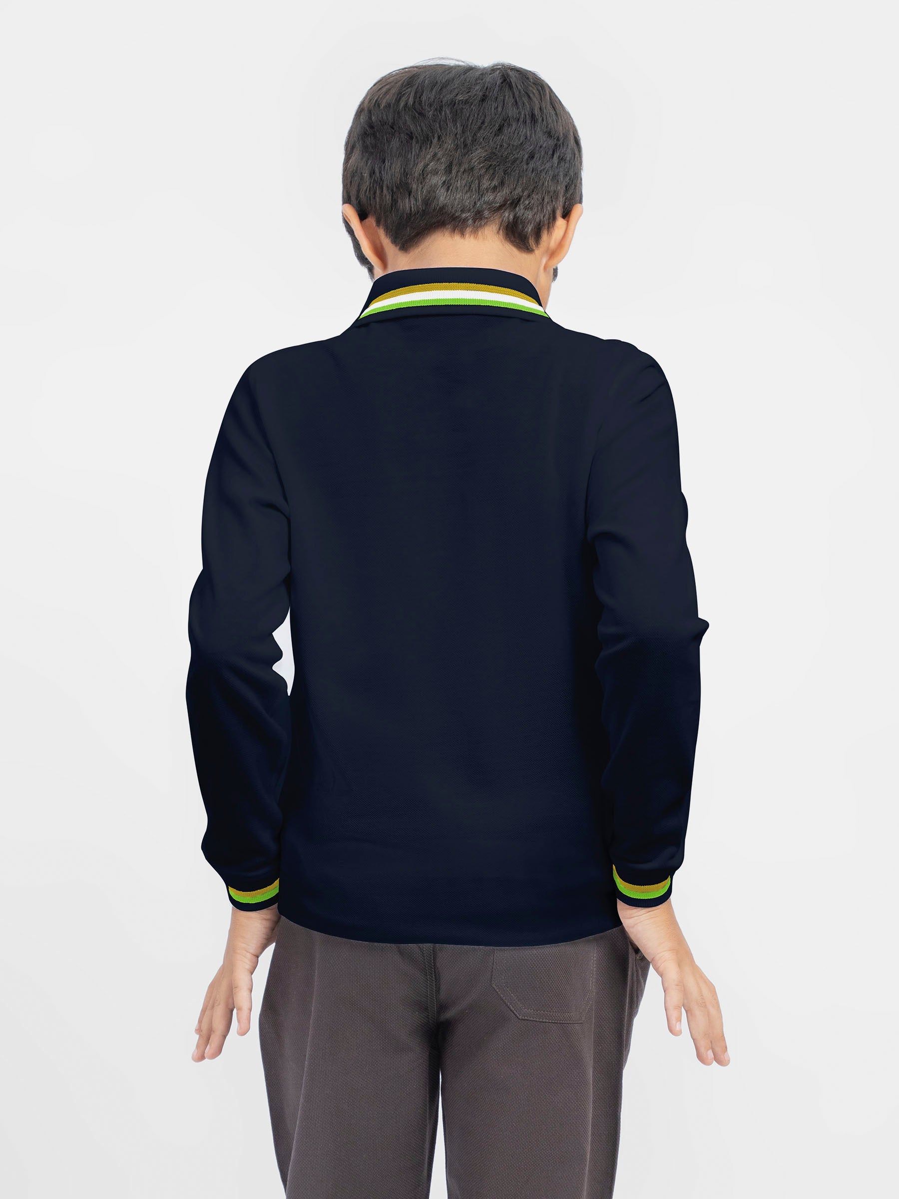 Navy Blue Contrasting Tipped Long Sleeve Pique Polo