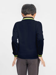 Navy Blue Contrasting Tipped Long Sleeve Pique Polo