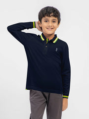 Navy Blue Contrasting Tipped Long Sleeve Pique Polo