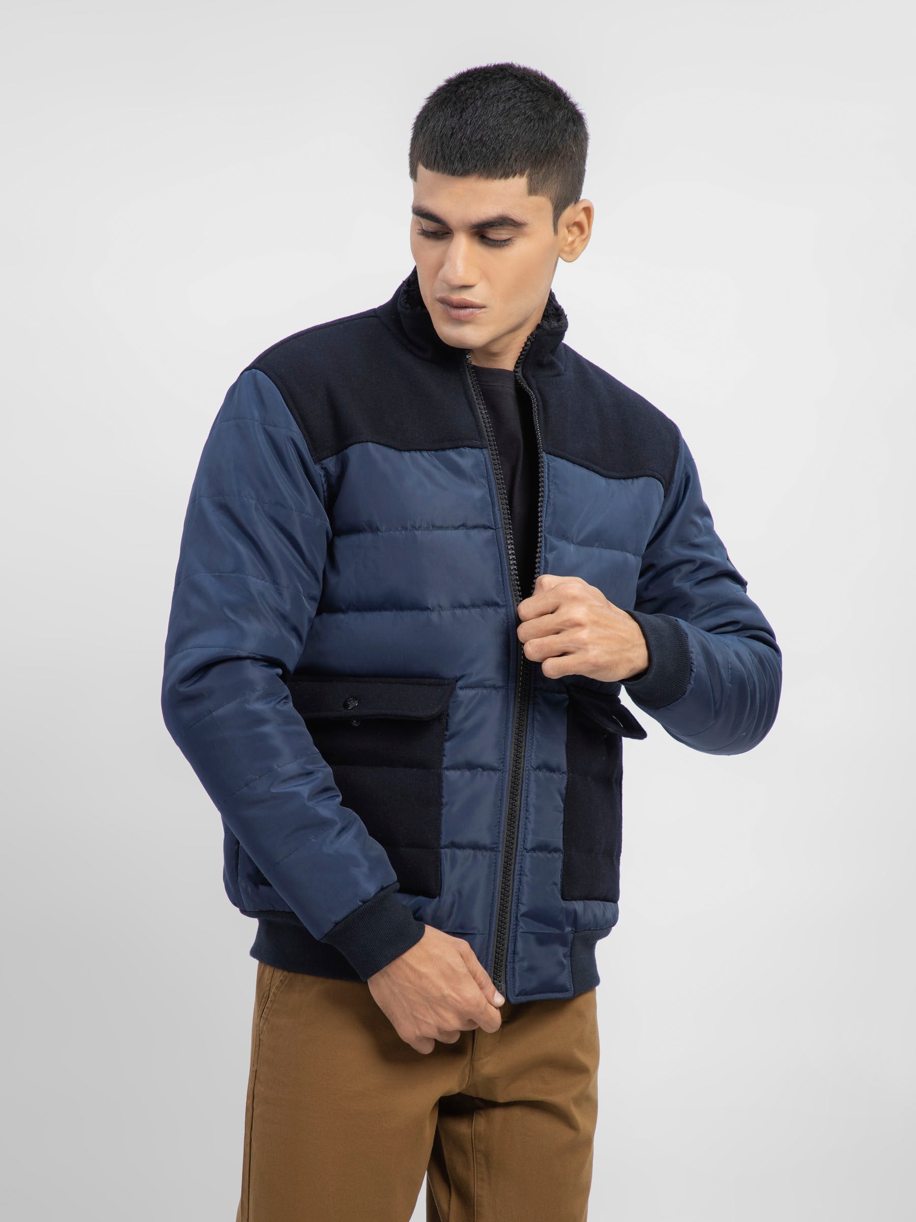 Navy Blue Contrasting Wool Puffer Jacket