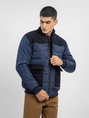 Navy Blue Contrasting Wool Puffer Jacket