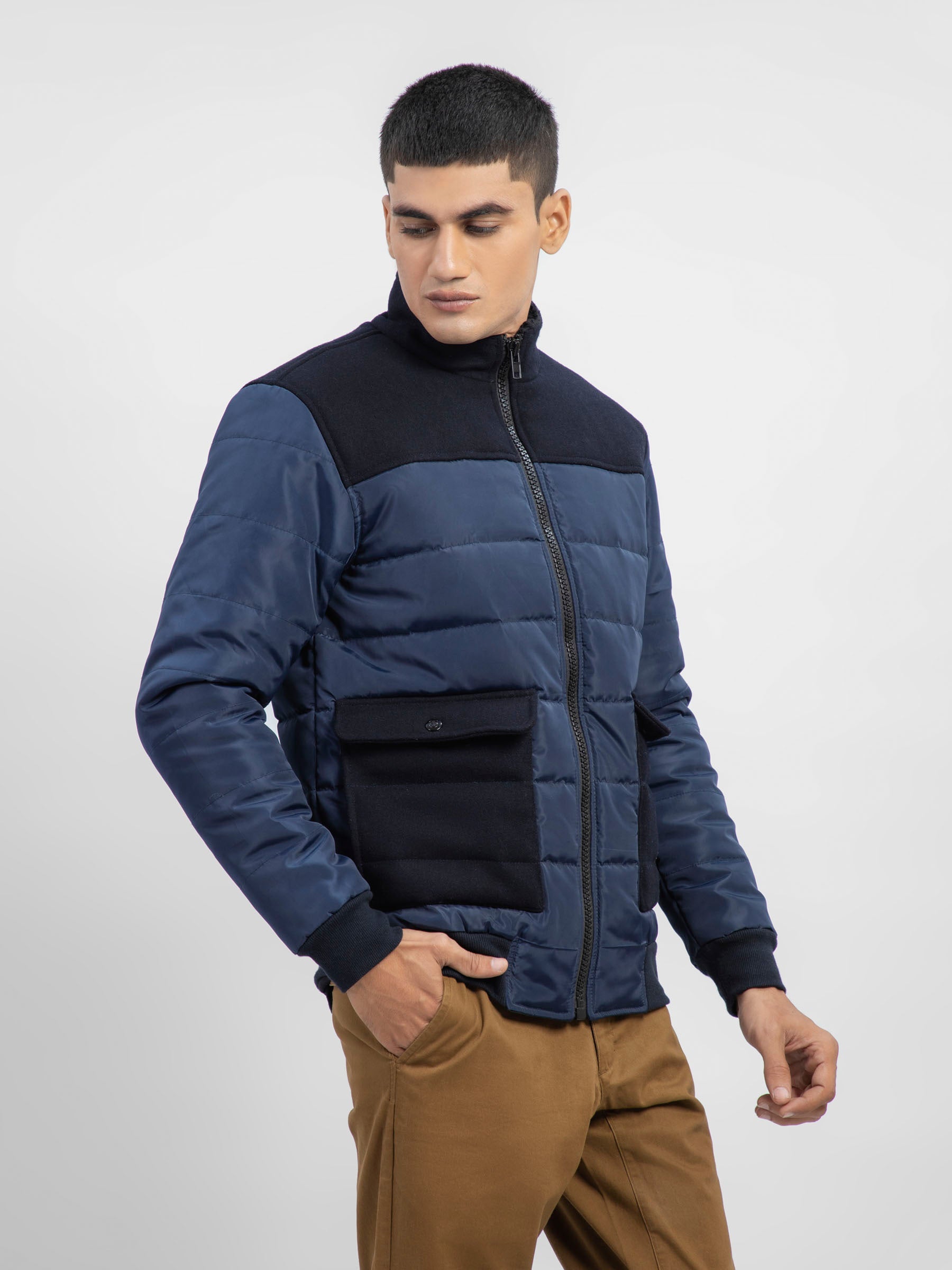 Navy Blue Contrasting Wool Puffer Jacket
