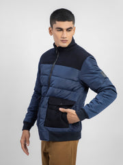 Navy Blue Contrasting Wool Puffer Jacket