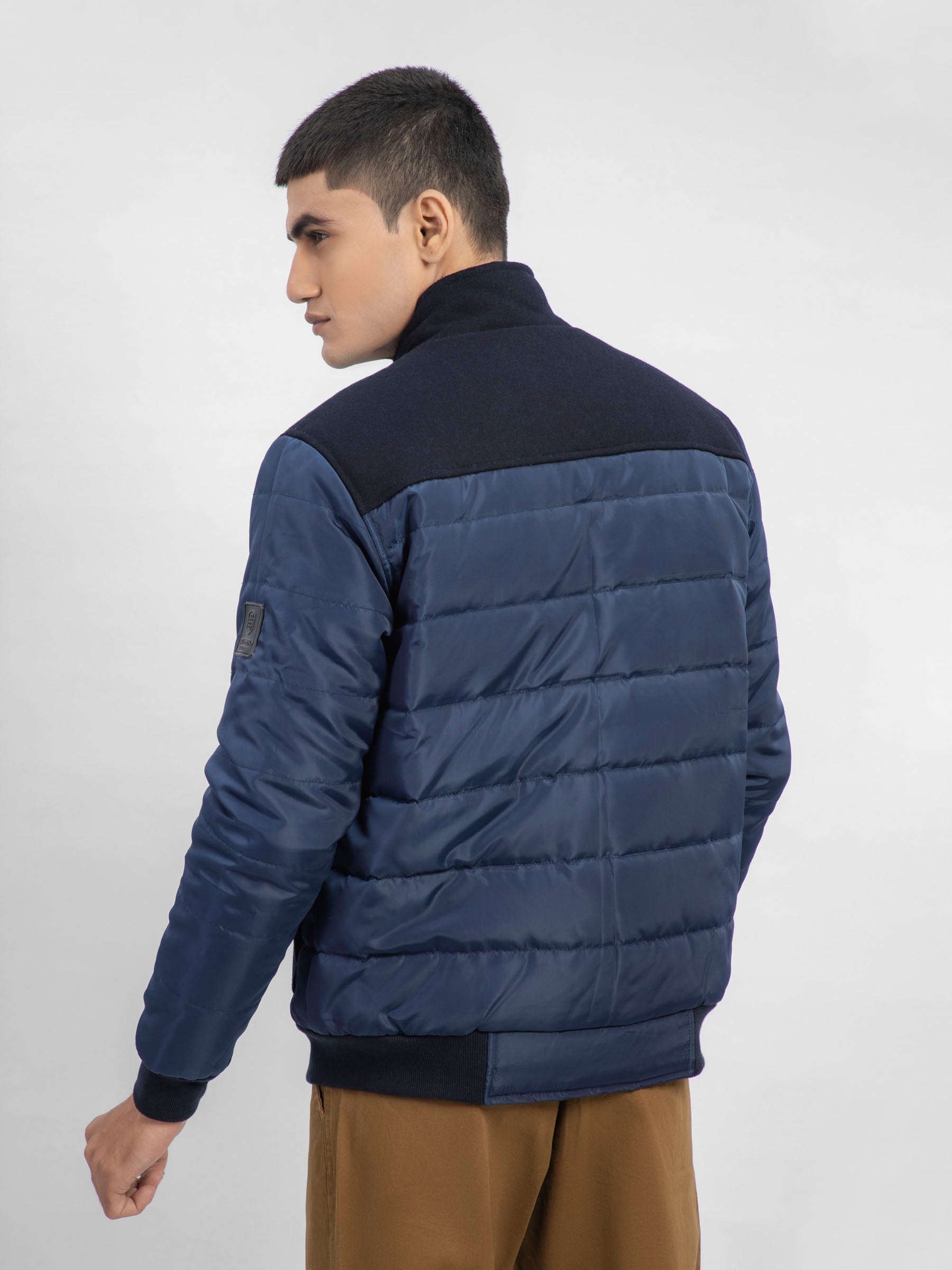 Navy Blue Contrasting Wool Puffer Jacket