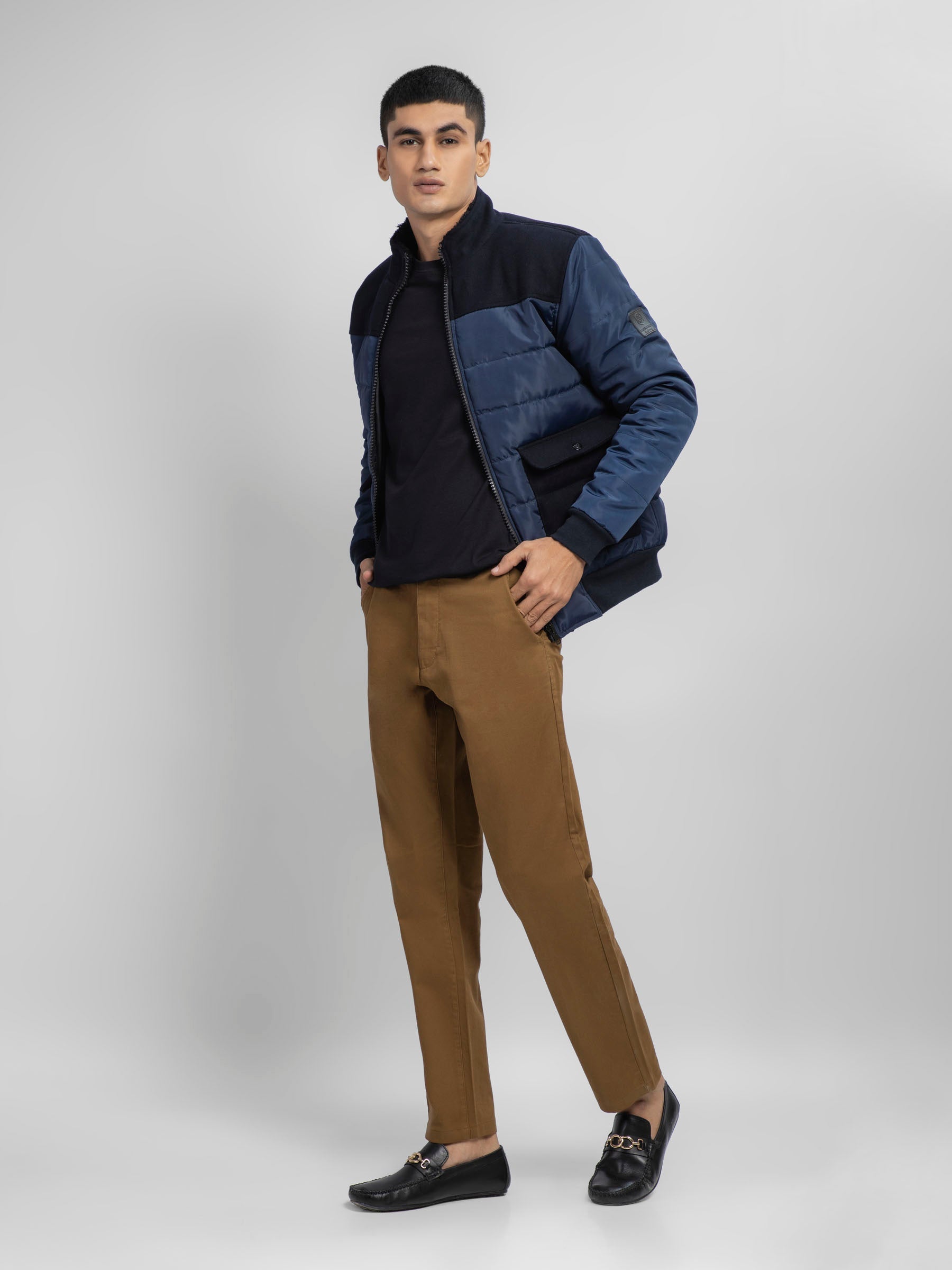 Navy Blue Contrasting Wool Puffer Jacket