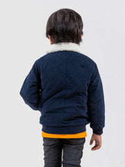 Navy Blue Corduroy Quilted Jacket With Sherpa Collar - Unisex