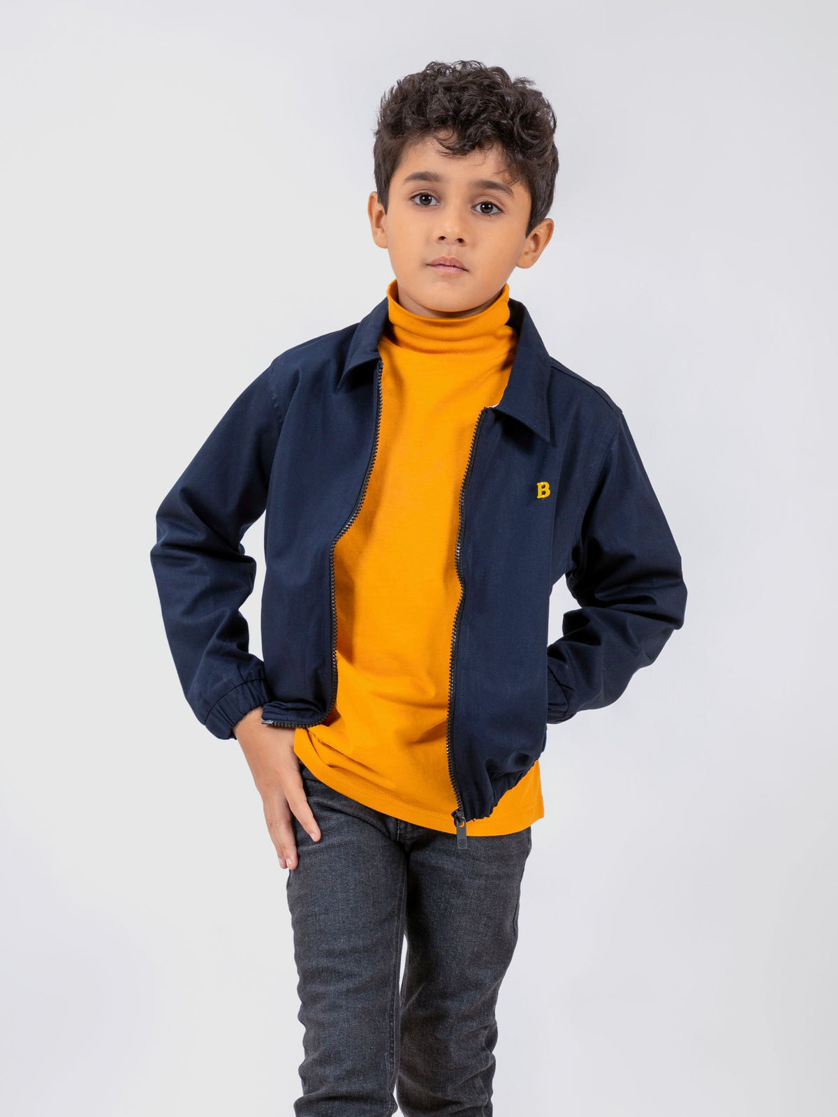 Navy Blue Cotton Twill Casual Collar Jacket
