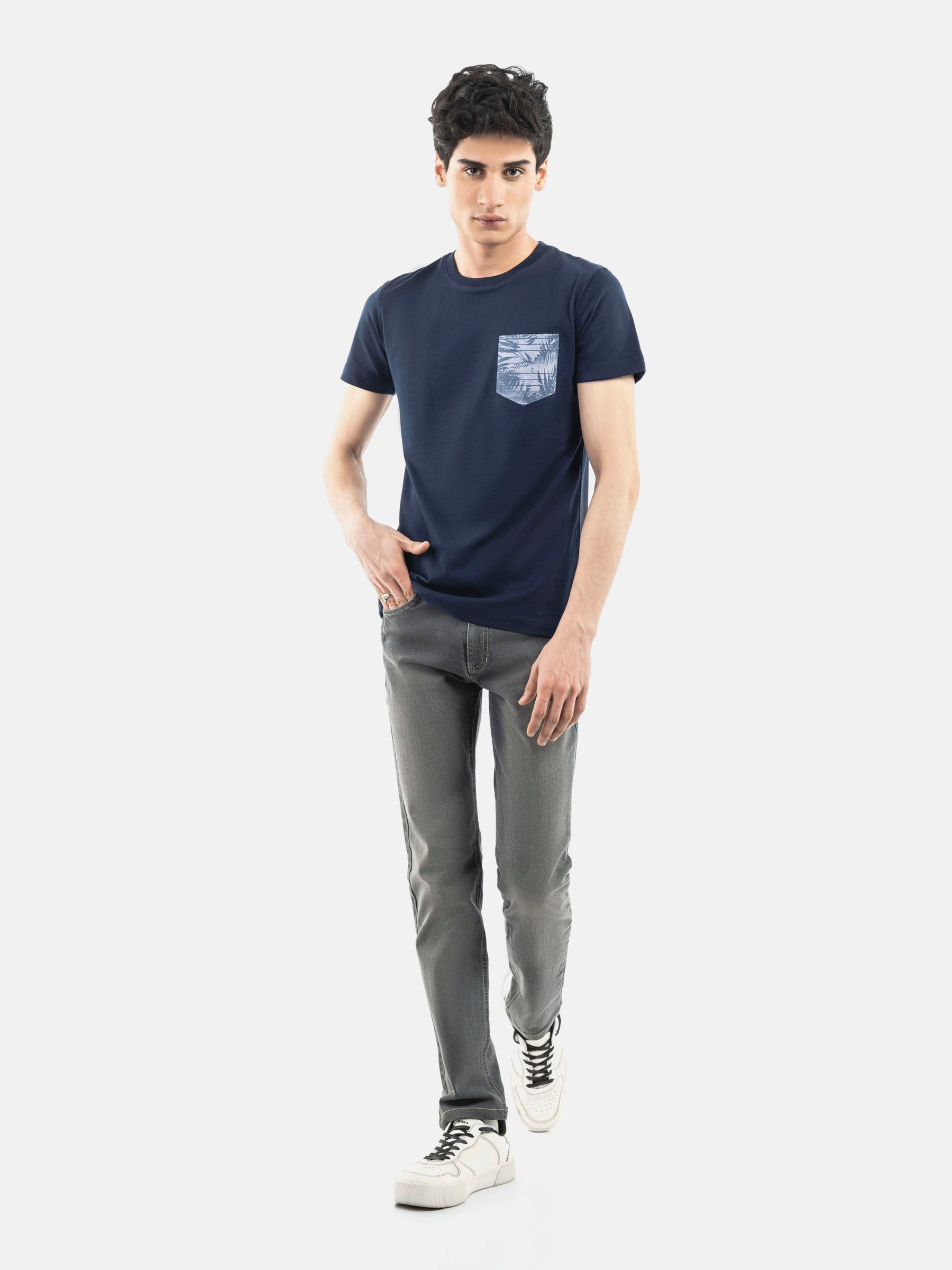 Navy Blue Crew Neck T-Shirt With Printed Pocket