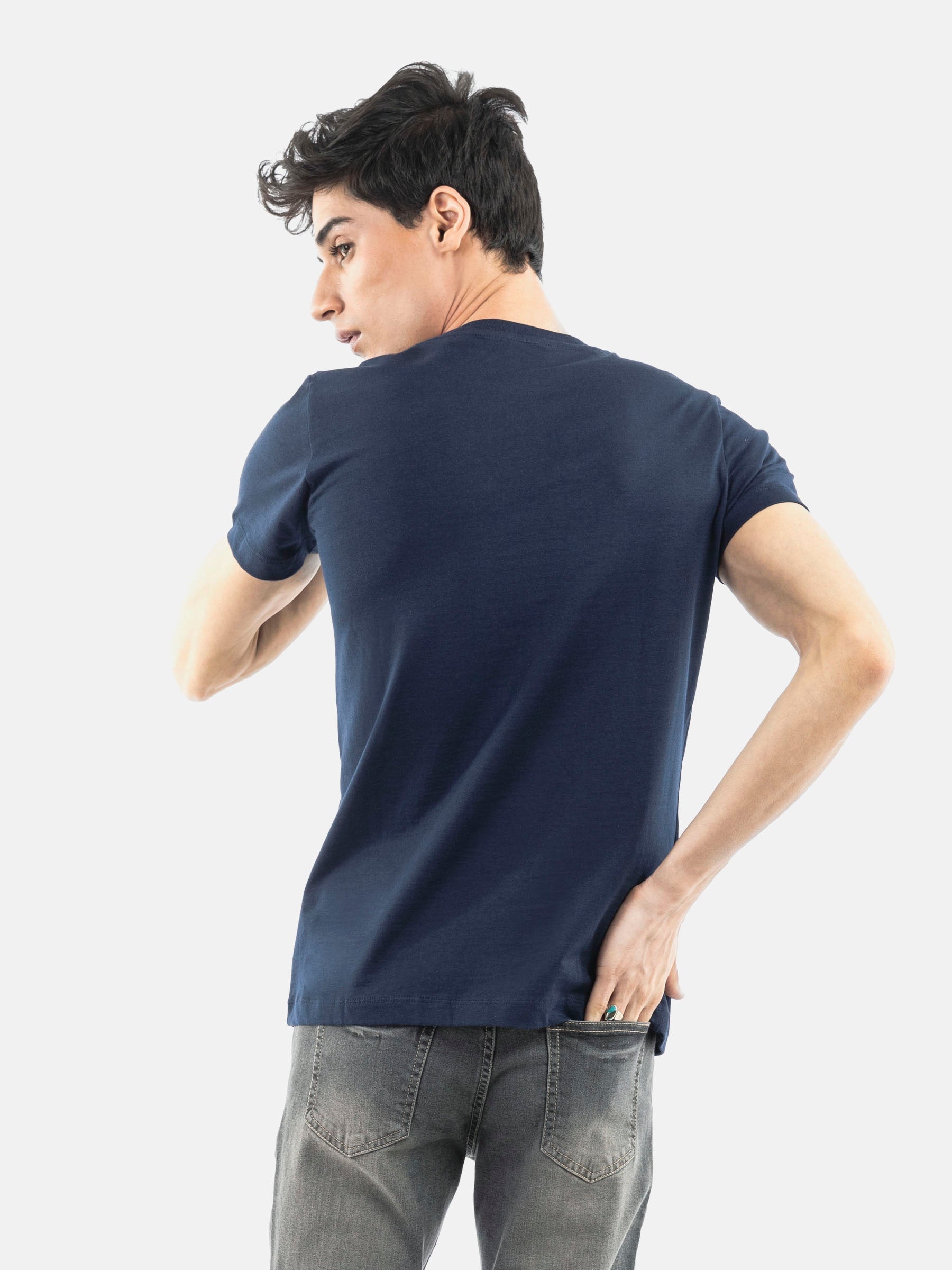 Navy Blue Crew Neck T-Shirt With Printed Pocket