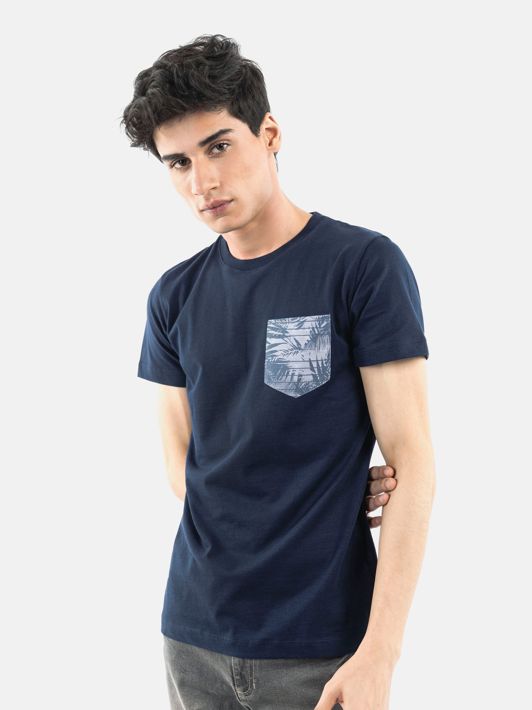 Navy Blue Crew Neck T-Shirt With Printed Pocket