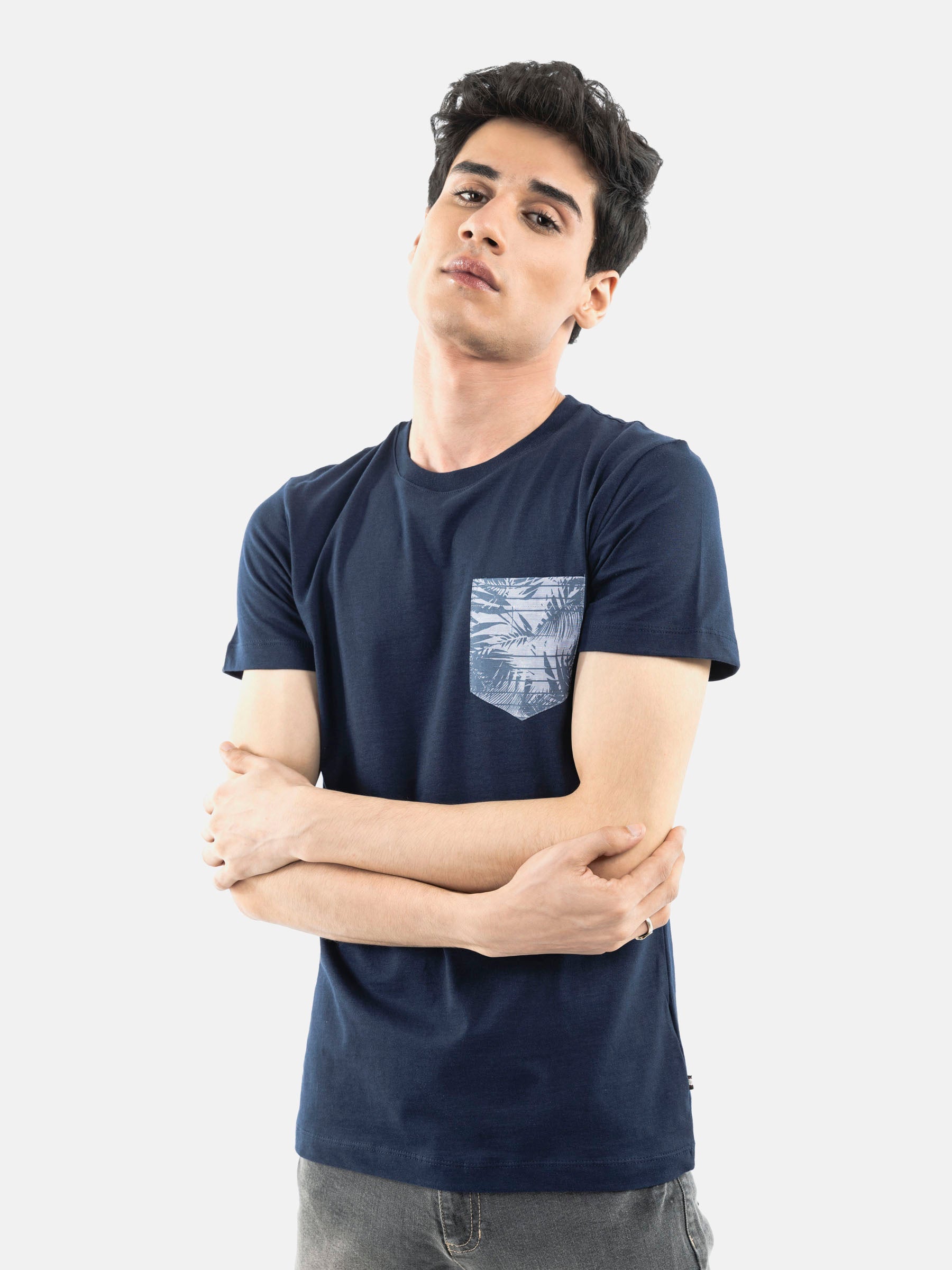 Navy Blue Crew Neck T-Shirt With Printed Pocket