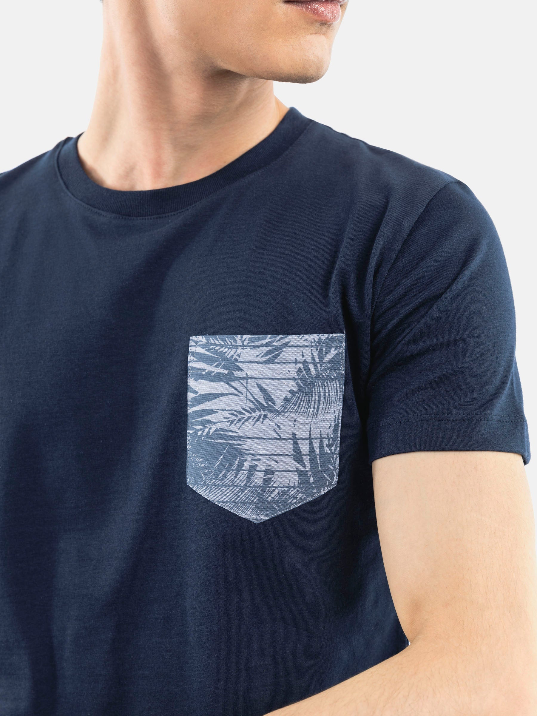 Navy Blue Crew Neck T-Shirt With Printed Pocket