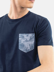 Navy Blue Crew Neck T-Shirt With Printed Pocket