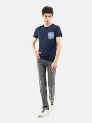 Navy Blue Crew Neck T-Shirt With Printed Pocket