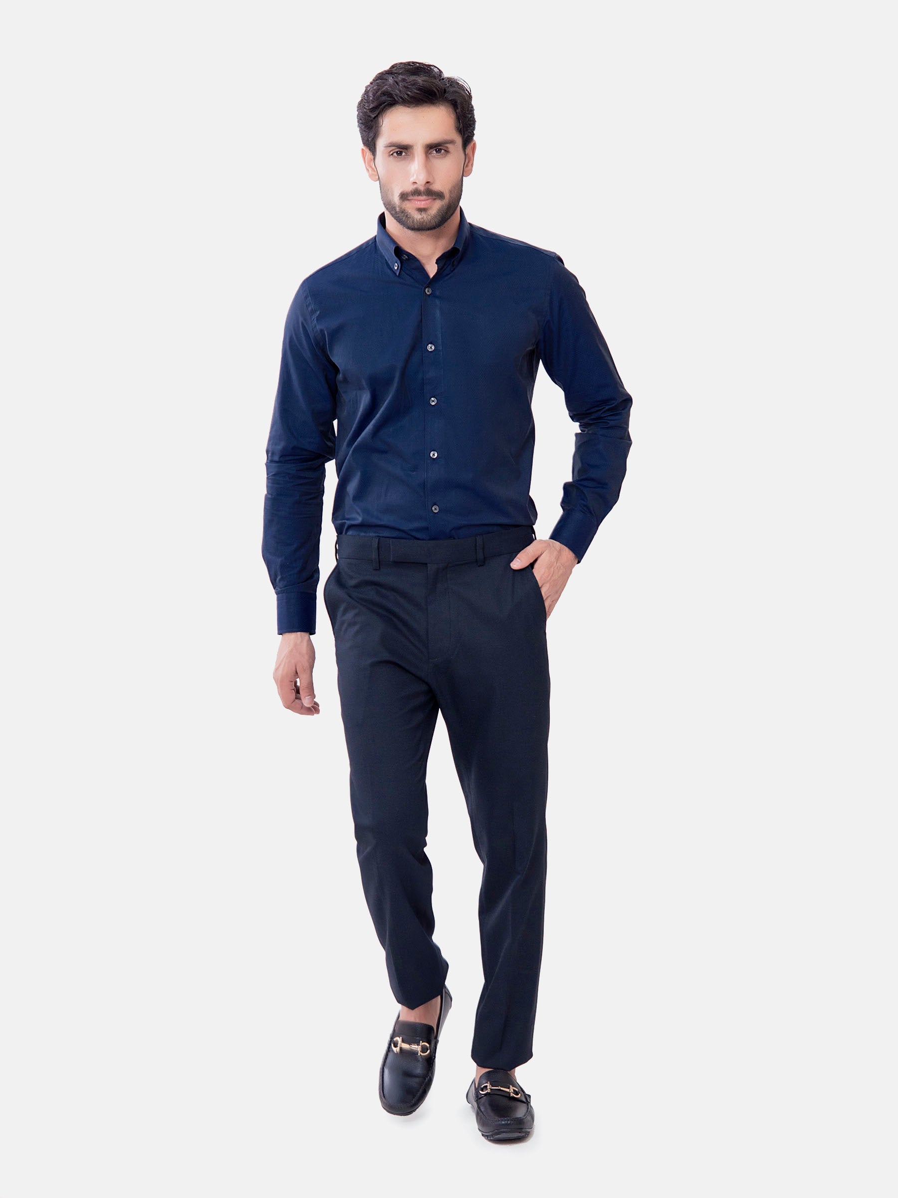 Navy Blue Diamond Patterned Button Down Shirt