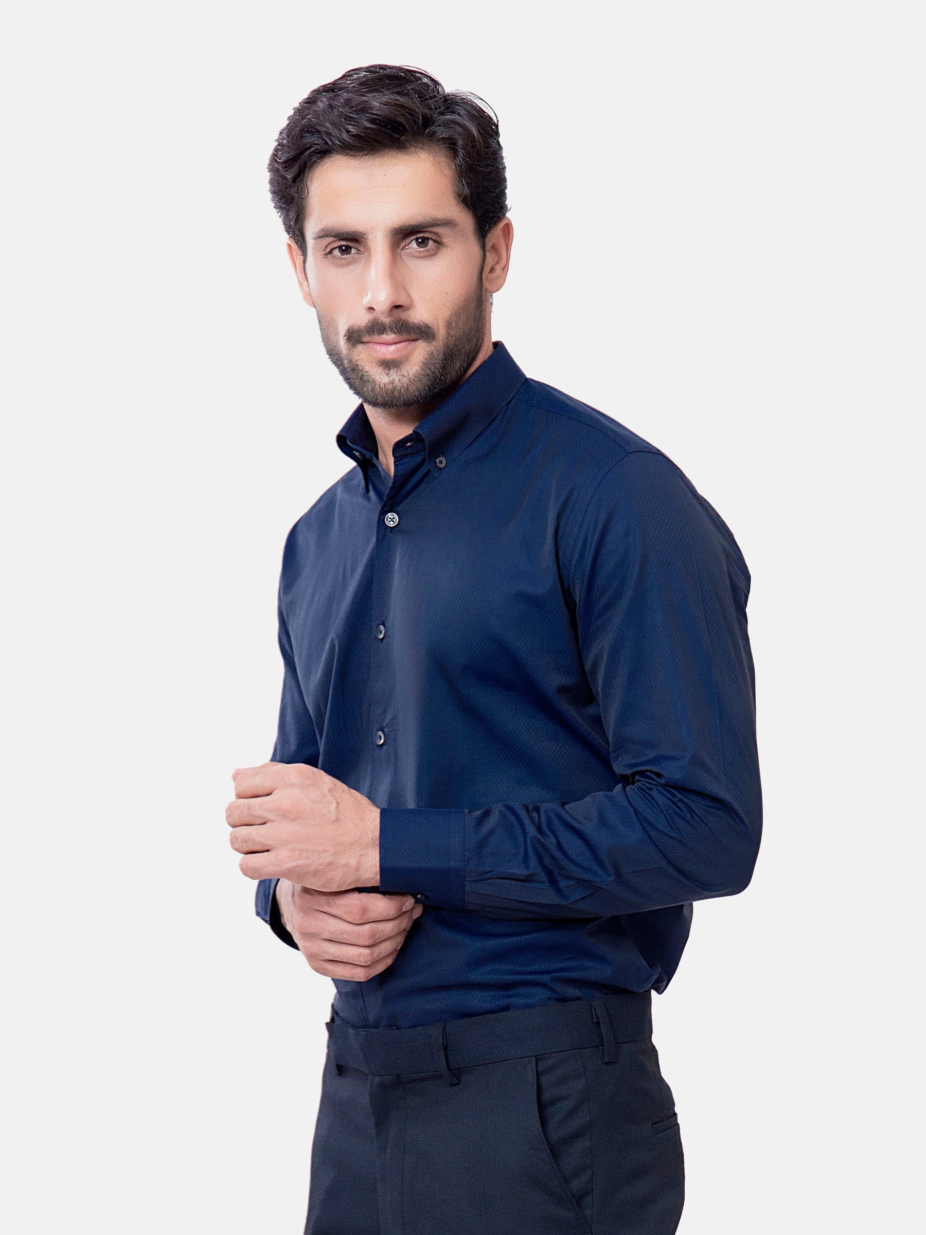 Navy Blue Diamond Patterned Button Down Shirt