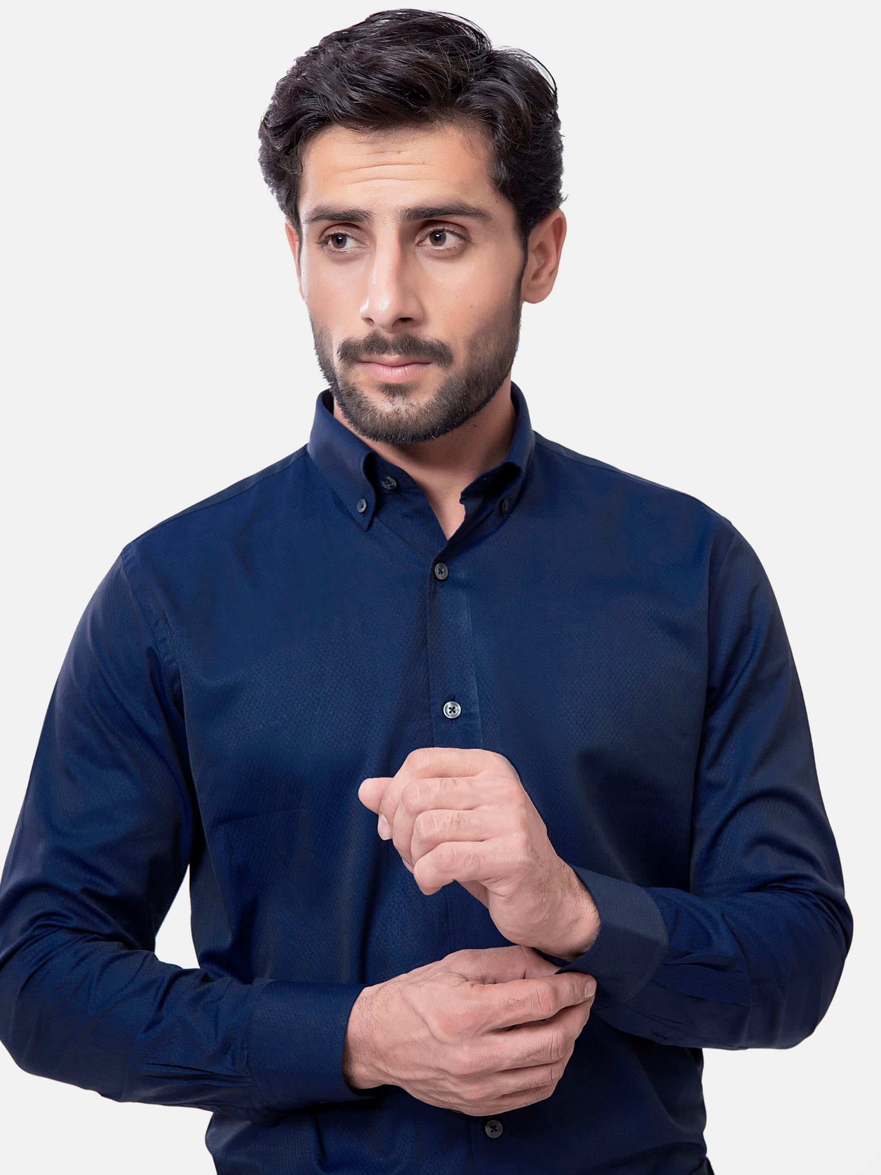 Navy Blue Diamond Patterned Button Down Shirt